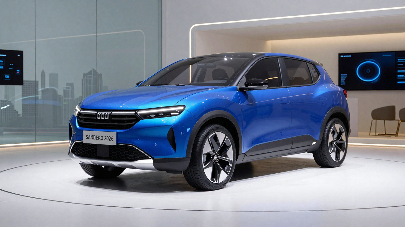 Carro SUV compacto azul, modelo Sandero 2026, exibido em ambiente moderno com iluminação branca.
