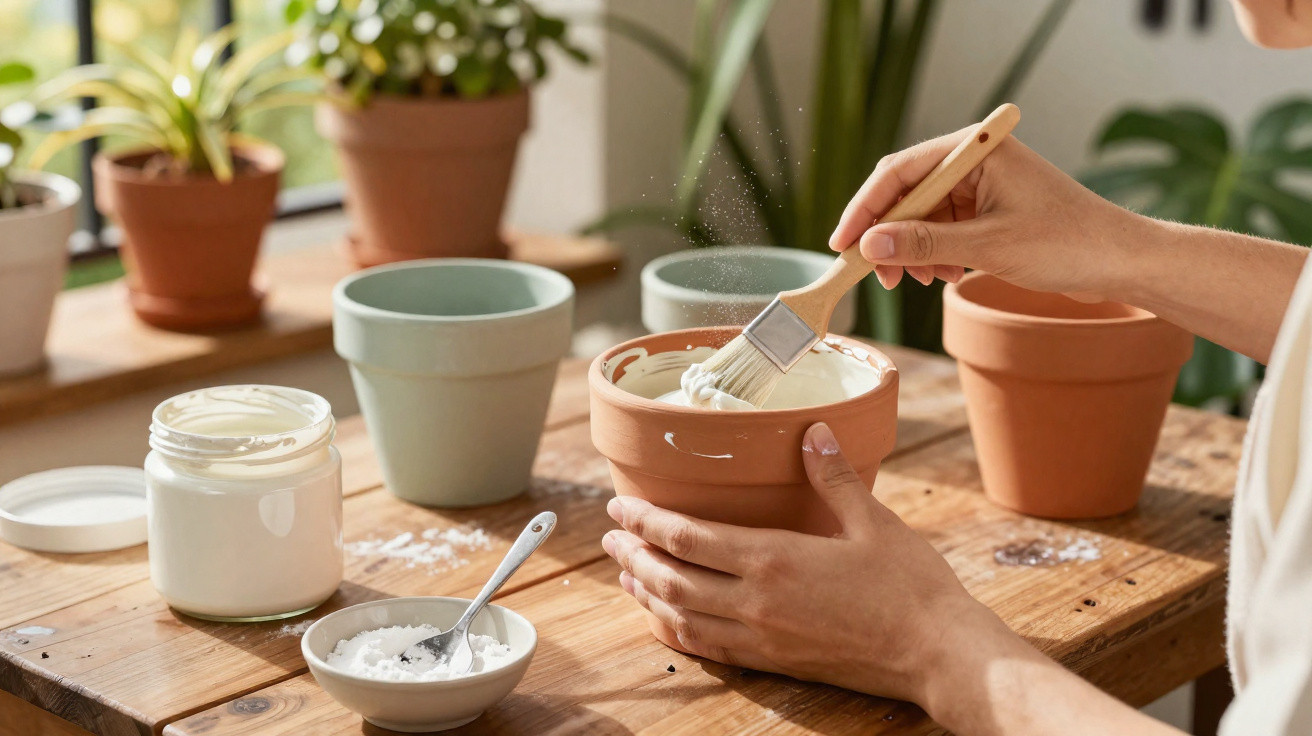 Pessoa pintando vaso de cerâmica com tinta branca em mesa de madeira, com vasos e plantas ao fundo.