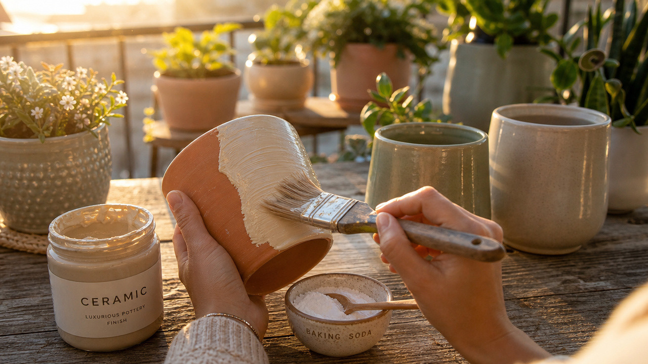 Pessoa pintando vaso de cerâmica com pincel em mesa de madeira, cercada por plantas e potes, ao pôr do sol.