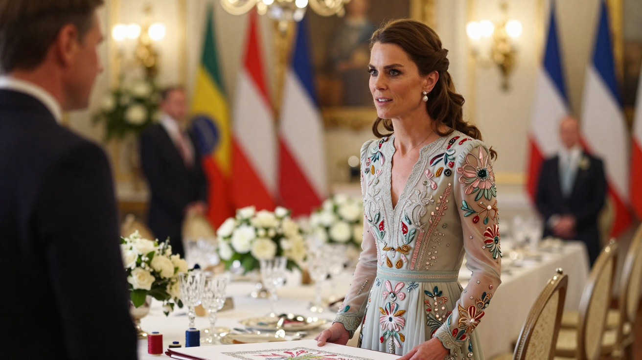 Mulher elegante com vestido bordado conversa em cerimônia formal com decoração clássica e bandeiras ao fundo.