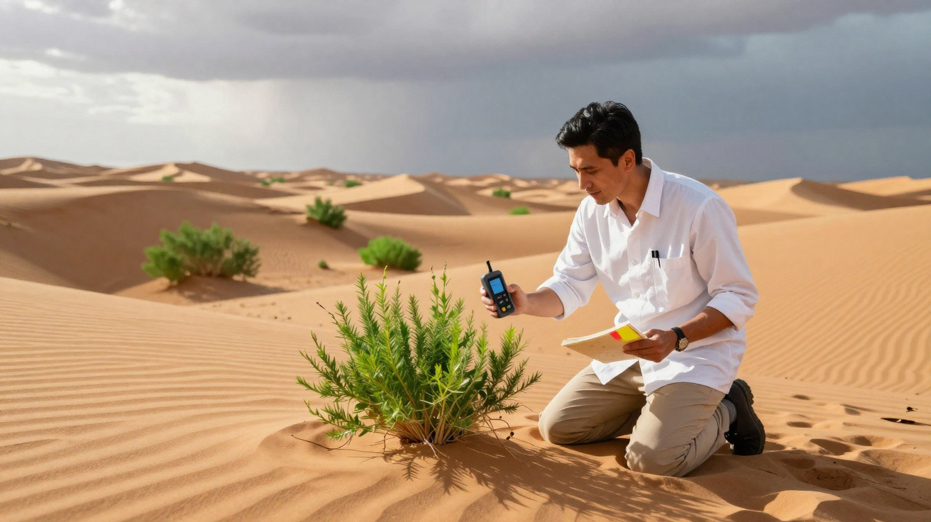 Homem analisando planta no deserto com rádio comunicador e caderno em mãos sob céu nublado.