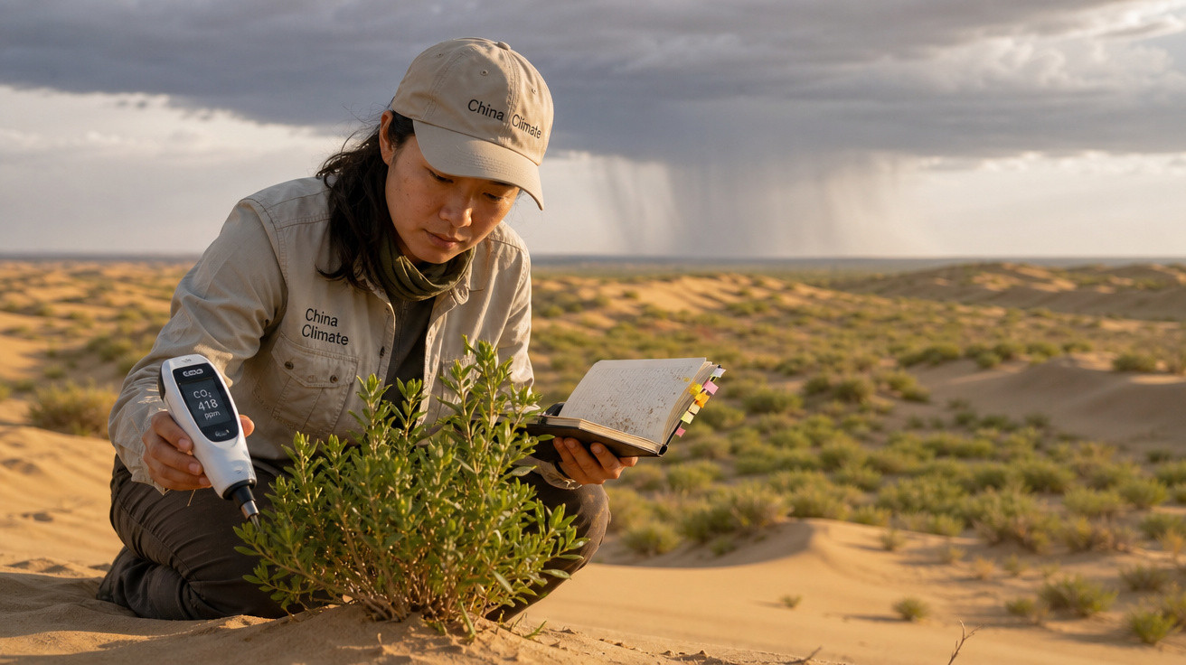 Pesquisadora mede CO2 em planta no deserto com caderno aberto em meio a vegetação esparsa.