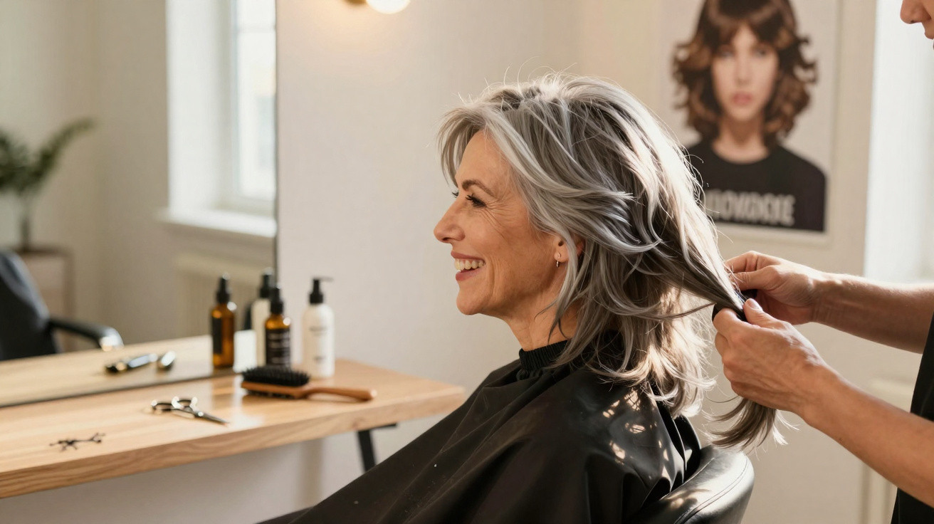 Mulher sorrindo sentada em cadeira de salão de beleza enquanto cabeleireiro penteia seu cabelo grisalho.
