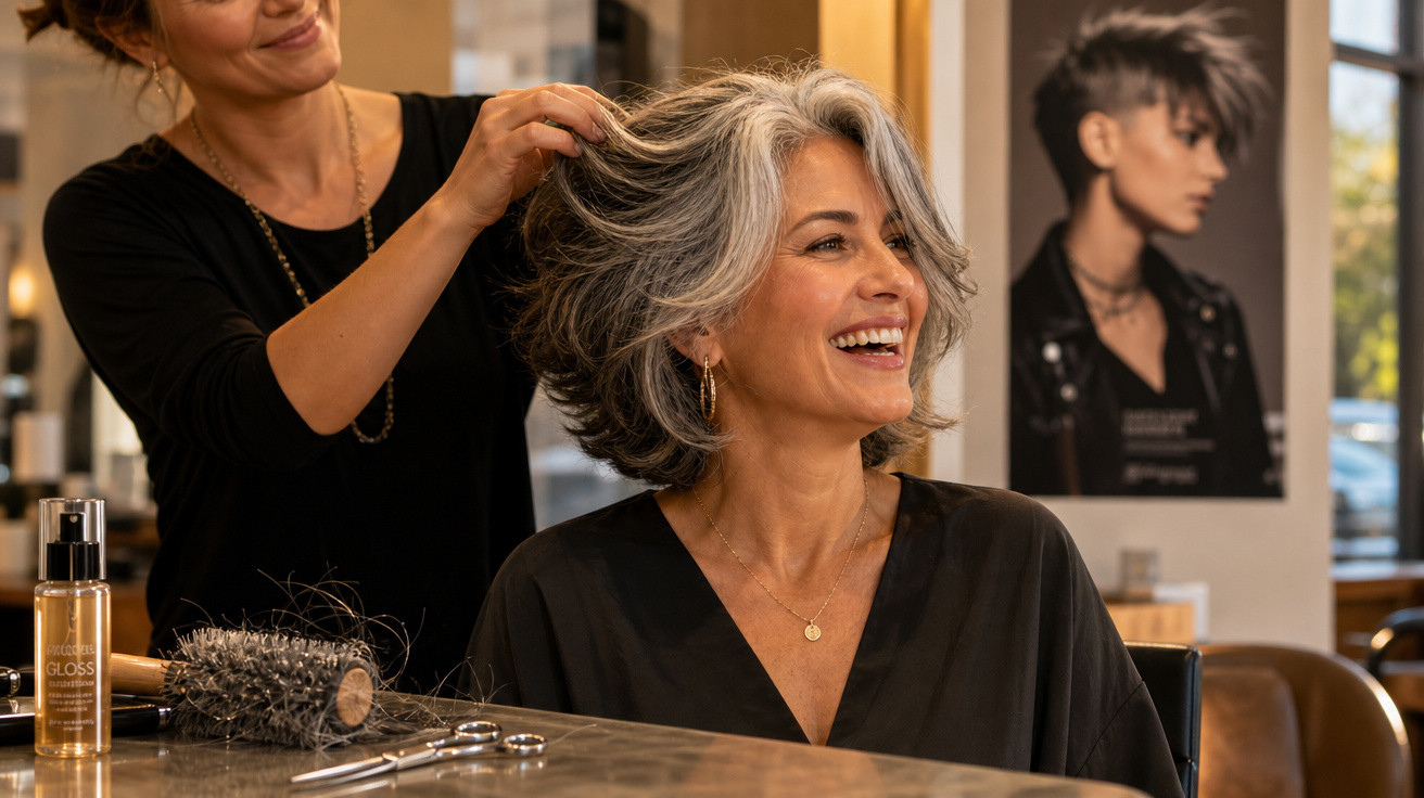 Mulher sorrindo enquanto cabeleireira arruma seu cabelo grisalho em salão de beleza moderno.