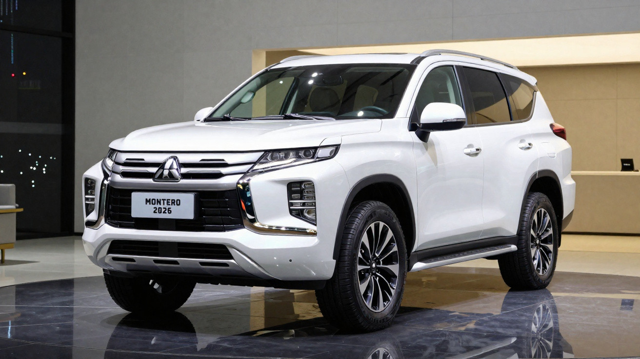 SUV Mitsubishi Montero 2026 branco em exposição sob luzes internas em piso espelhado.
