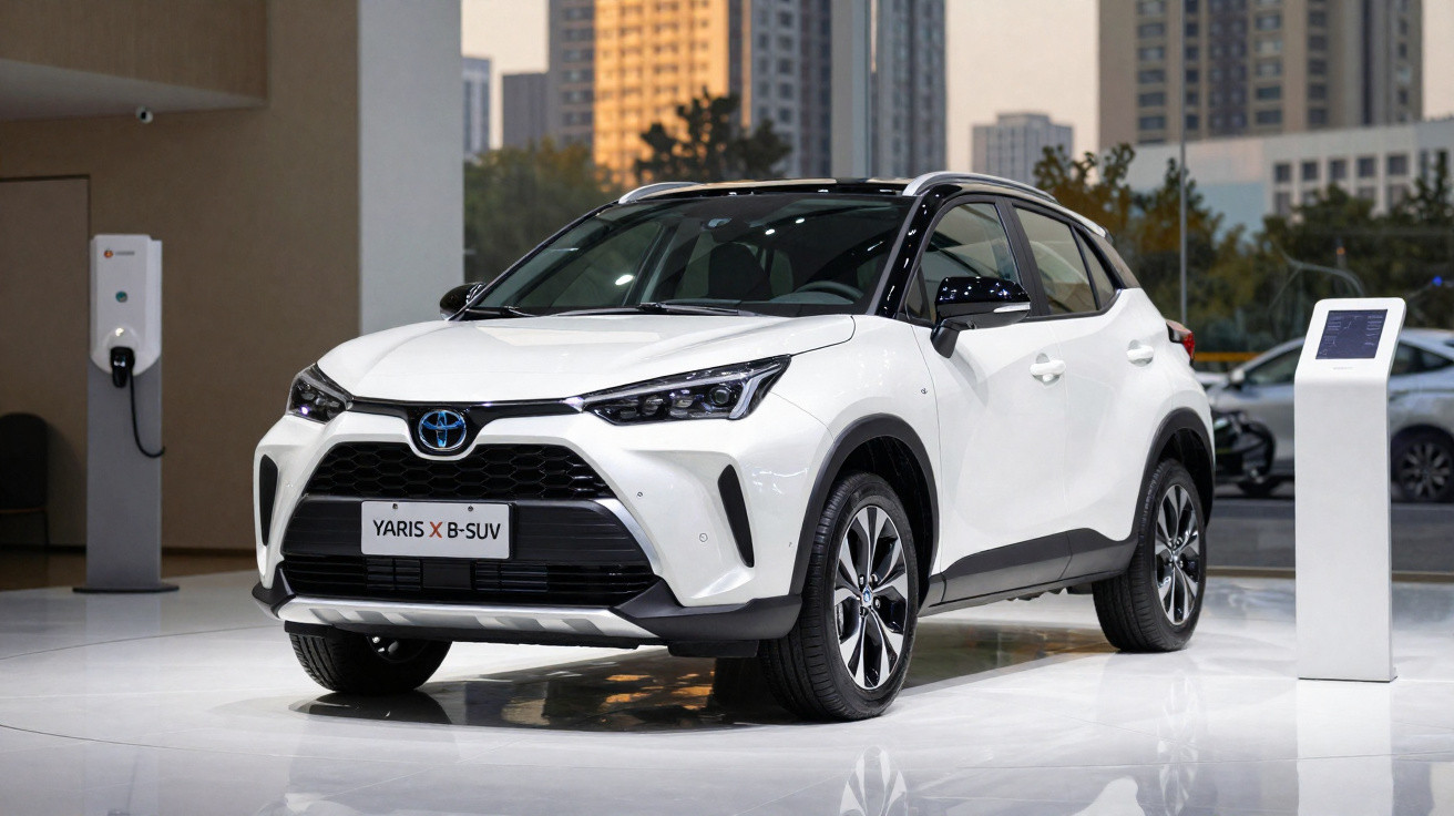 Carro elétrico branco Toyota Yaris X B-SUV exposto em ambiente urbano moderno.