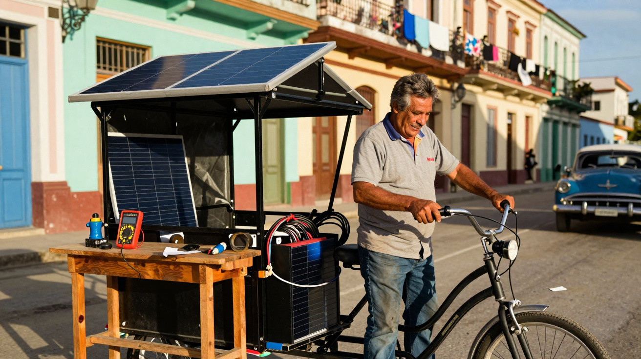 Homem ao lado de bicicleta adaptada com painéis solares em rua de casas coloridas.