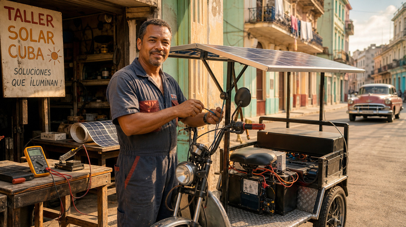 Homem sorridente em roupa de trabalho ajusta triciclo elétrico com painel solar em oficina de Cuba.