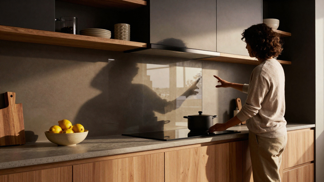 Pessoa acionando o fogão em cozinha moderna com bancada de madeira e tigela de limões.