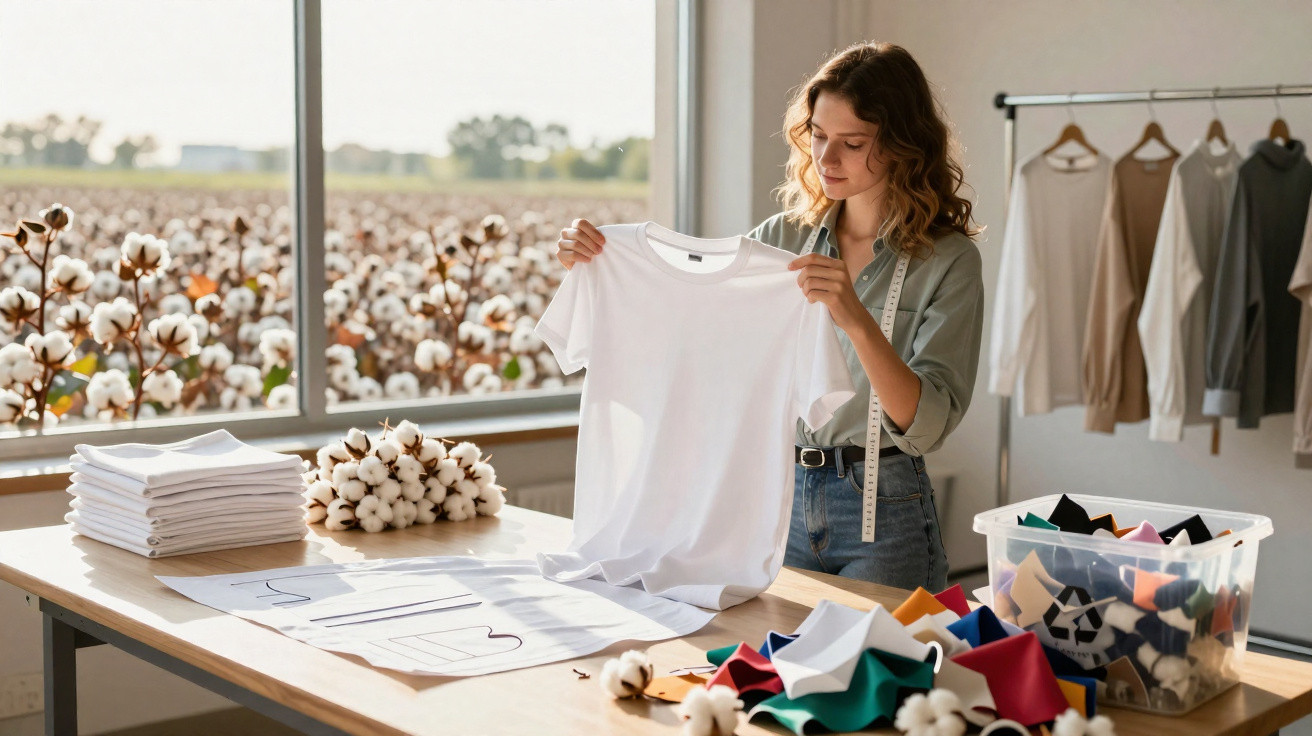 Mulher segurando camiseta branca em oficina de moda com tecidos e campo de algodão ao fundo.