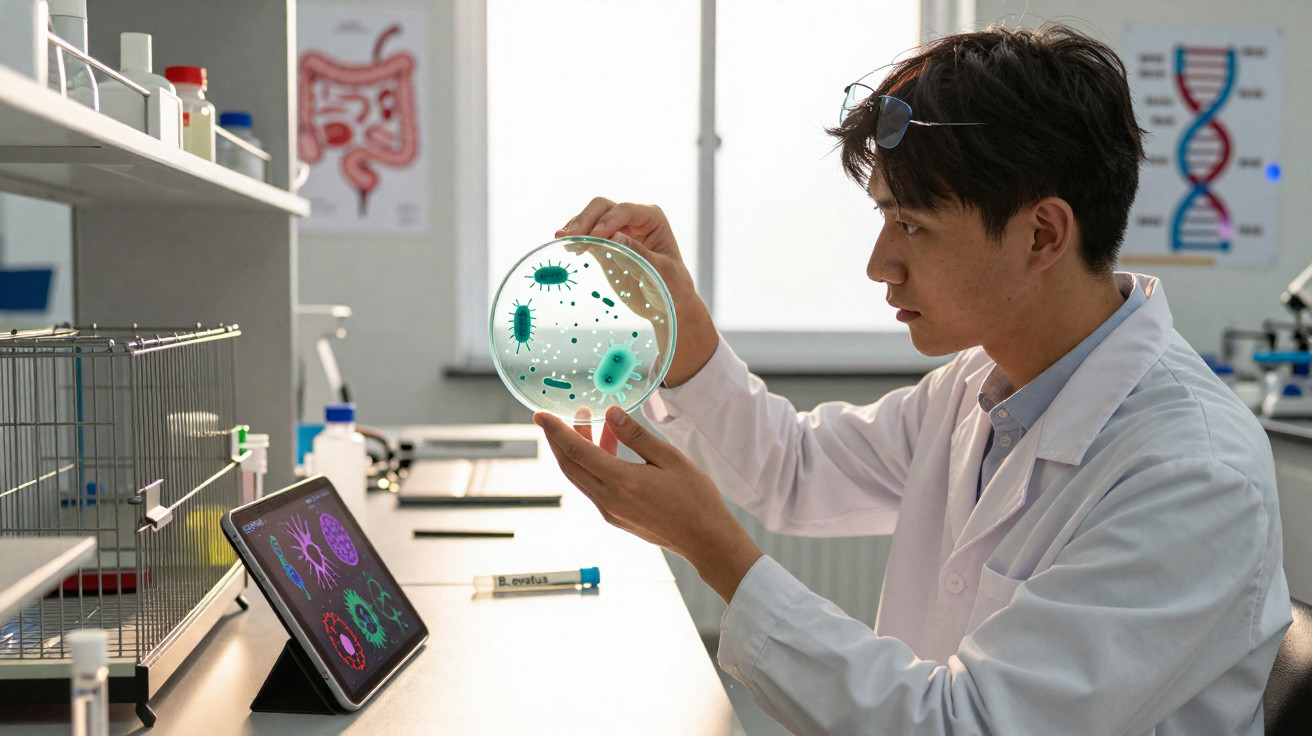 Cientista em laboratório analisando cultura de bactérias em placa de Petri iluminada.