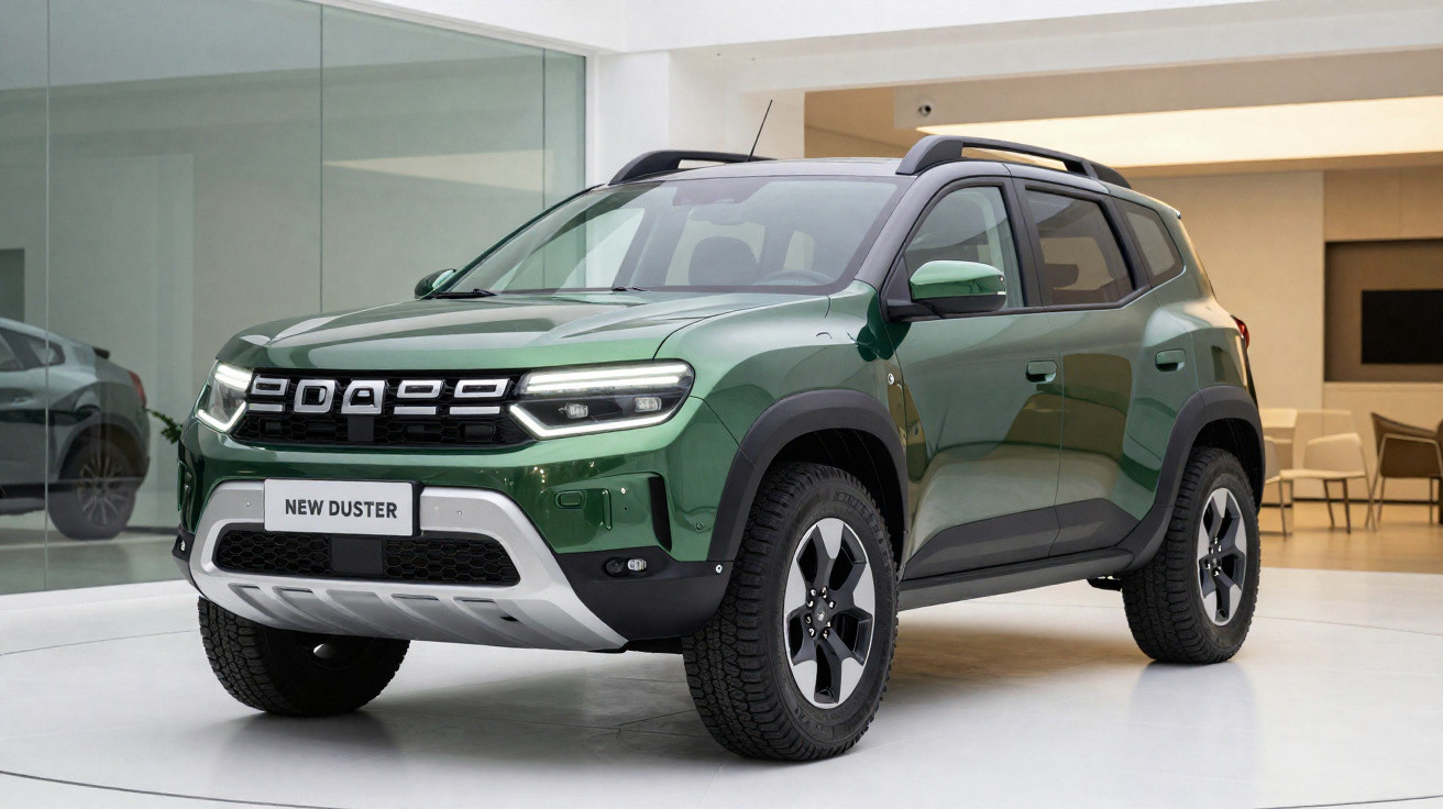 Carro SUV verde New Duster estacionado em ambiente interno moderno com paredes de vidro e móveis.