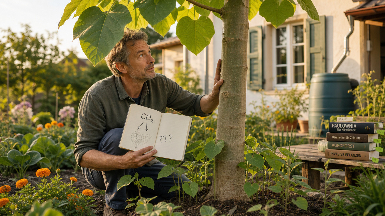 Homem ajoelhado em jardim ao lado de árvore, segurando caderno com desenho de folha e CO2, cercado por livros sobre plantas.