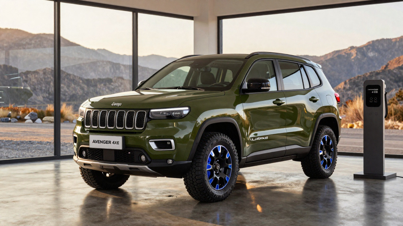 SUV Jeep Avenger 4xe verde escuro estacionado em ambiente interno com paisagem montanhosa ao fundo.
