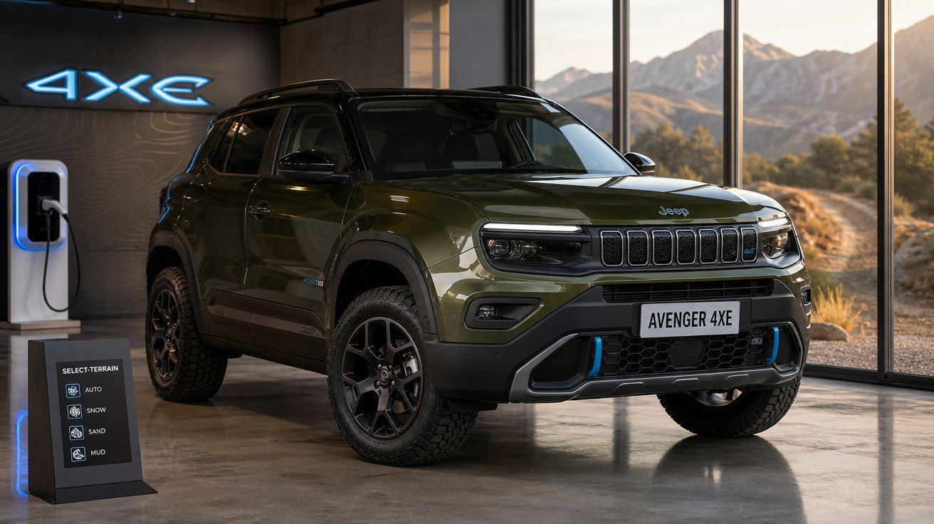 SUV Jeep Avenger 4XE verde estacionado em ambiente interno com painel de controle de terreno e carregador elétrico.