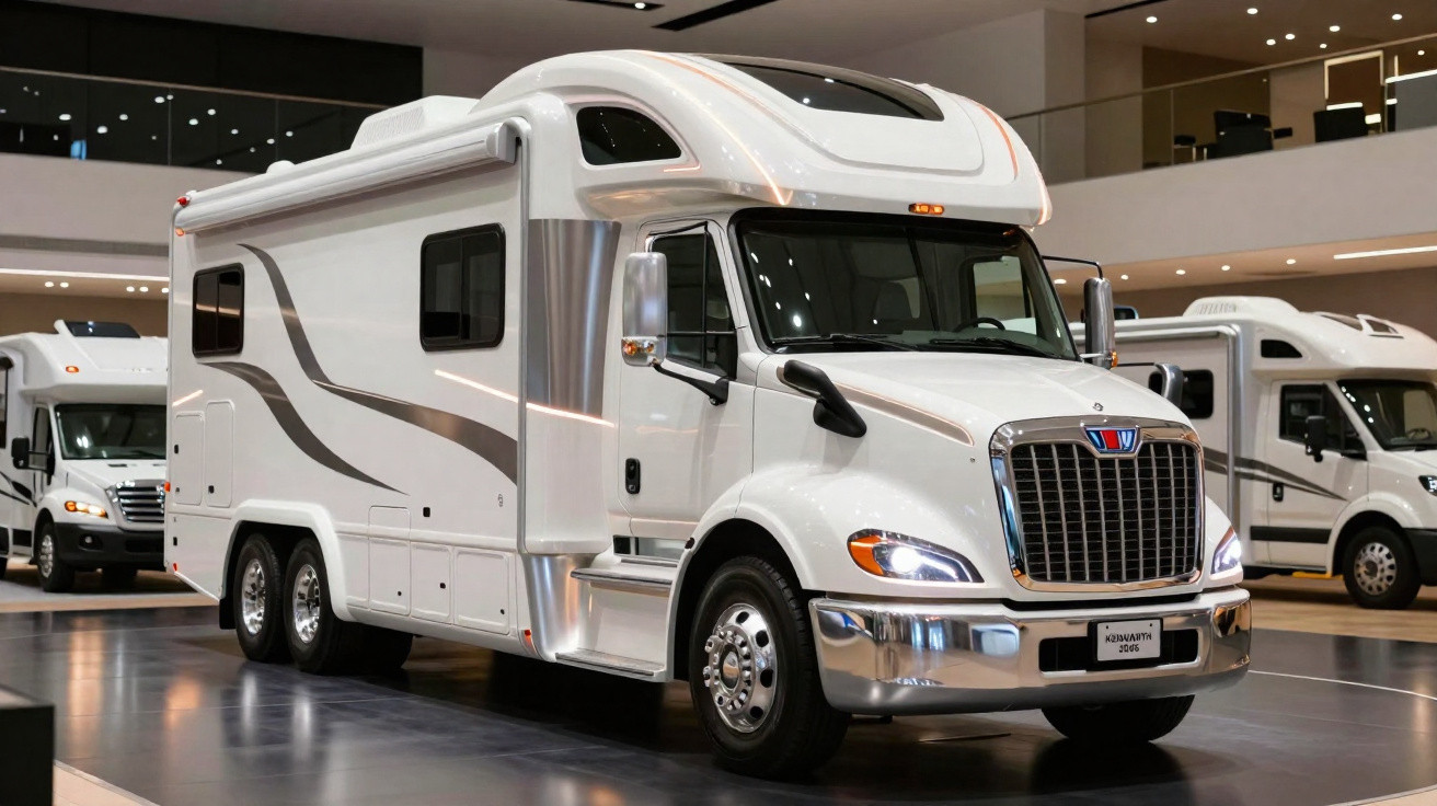 Motorhome branco grande exposto em salão com detalhes em cinza e estrutura robusta com várias janelas.