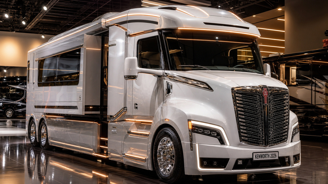 Motorhome branco modelo Kenworth 2026 em exposição interna com design moderno e grande janela lateral.