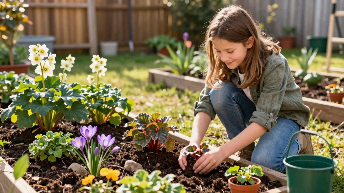 Menina cuidando de plantas e flores em canteiro no jardim ensolarado de casa.