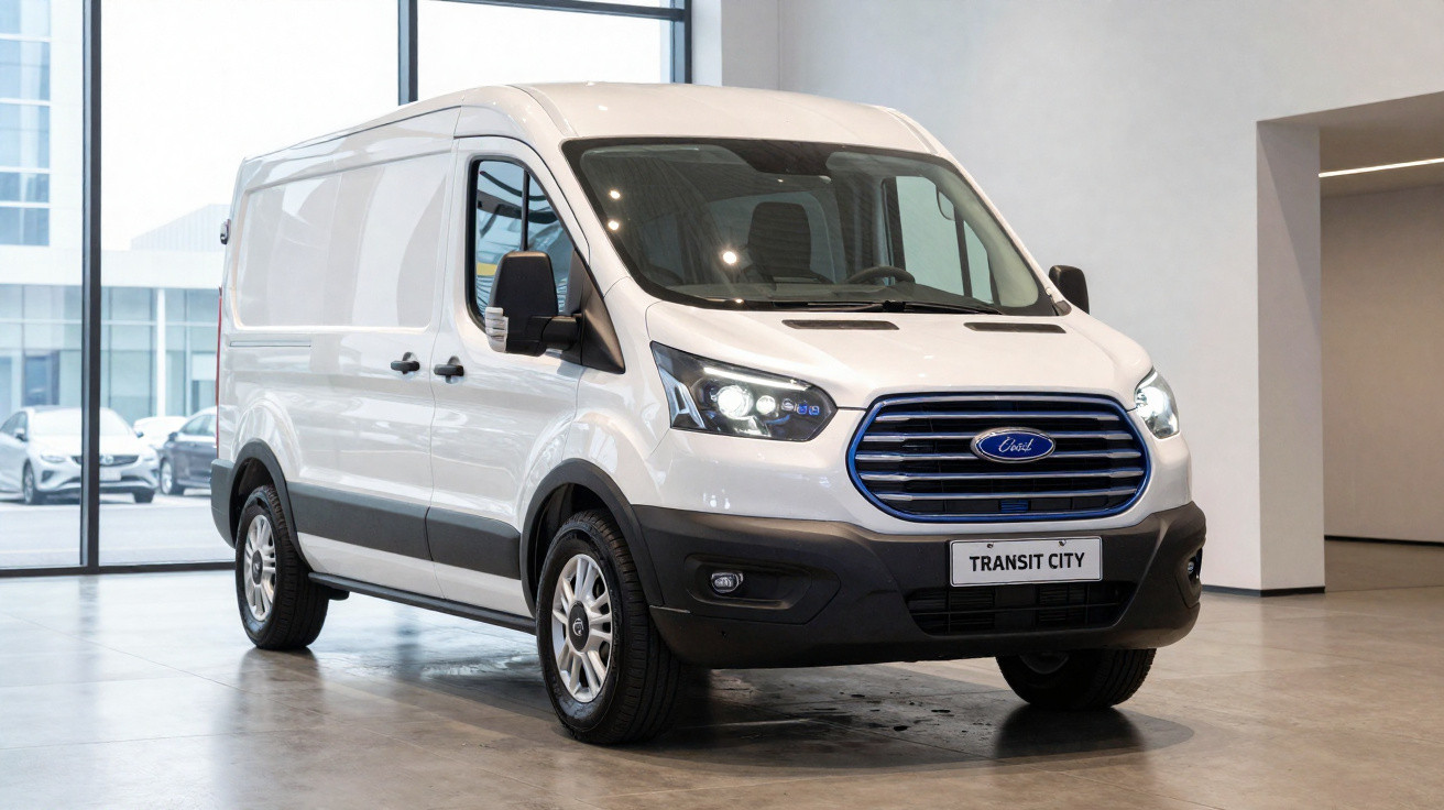 Van branca Ford Transit City estacionada dentro de showroom com piso de cimento polido.