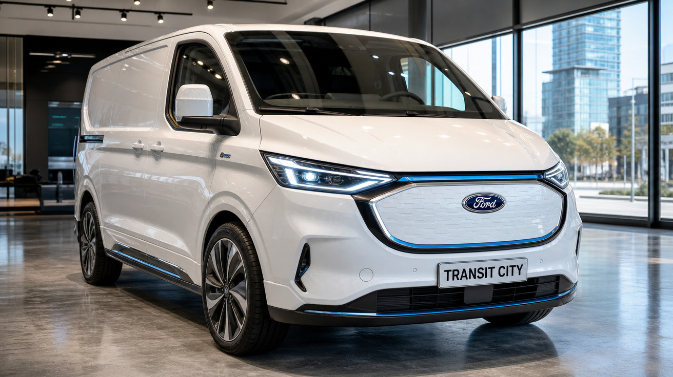 Van elétrica branca Ford Transit City estacionada em ambiente interno moderno.