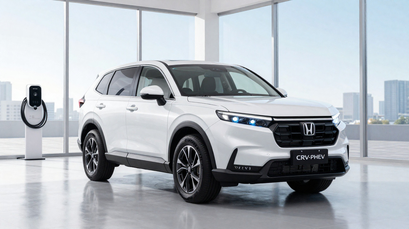 SUV branco Honda CR-V PHEV estacionado em ambiente interno com carregador elétrico ao fundo.