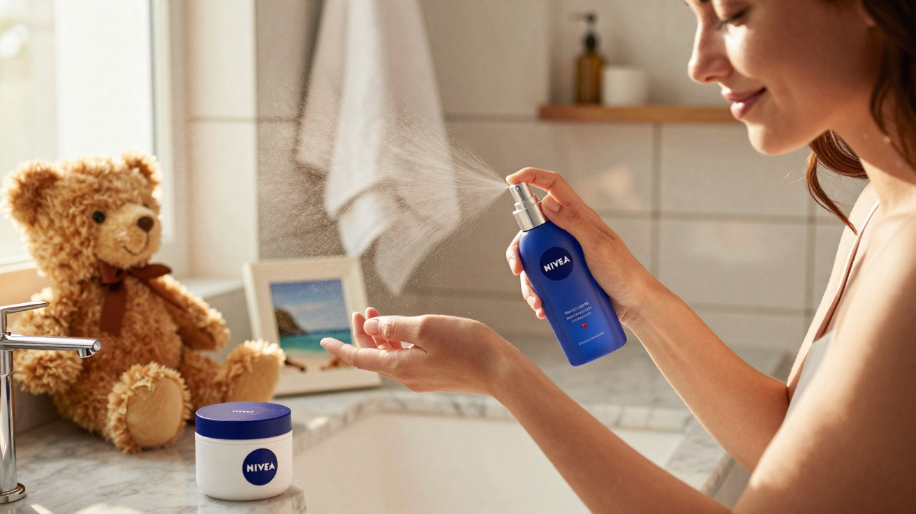 Mulher aplicando spray hidratante Nivea na mão em banheiro com urso de pelúcia ao fundo.