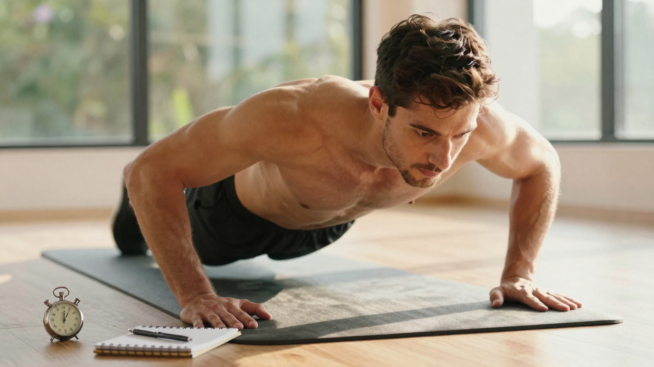 Homem fazendo flexão em tapete de yoga em ambiente iluminado e arejado, com relógio e caderno ao lado.