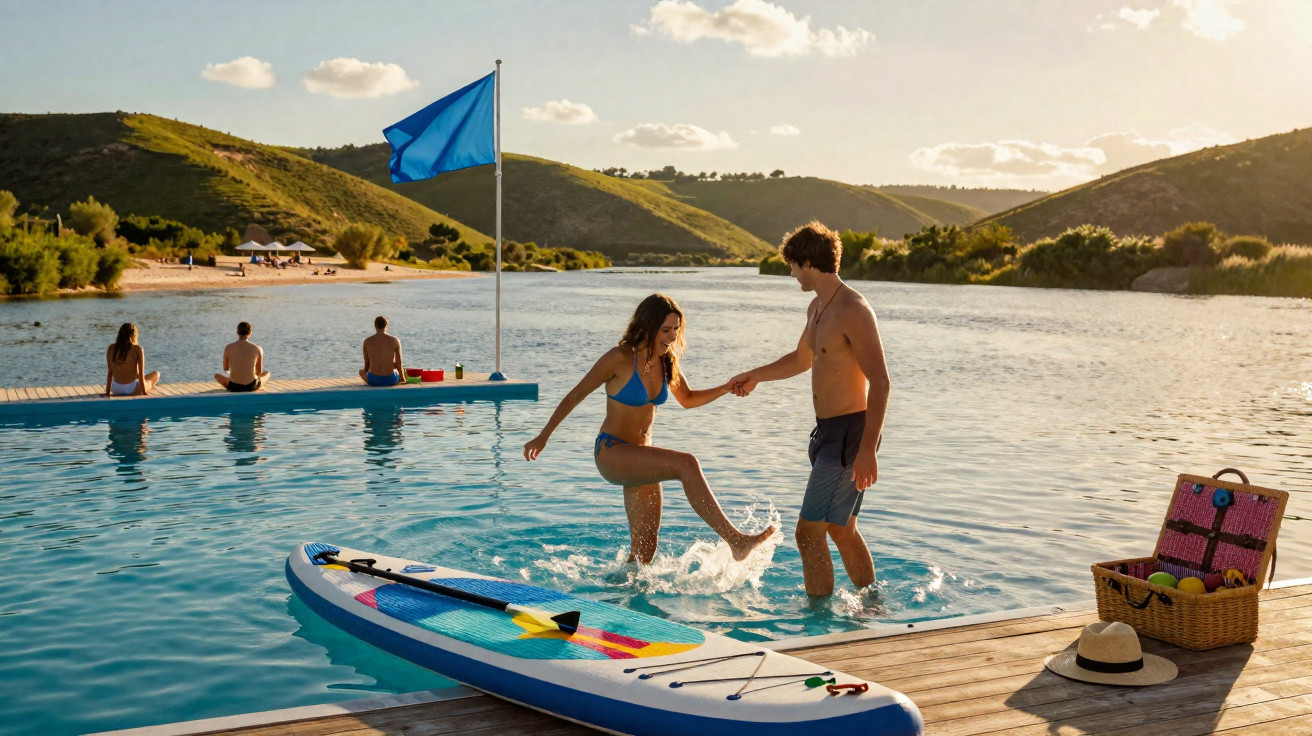 Casal brinca na água próxima a prancha de stand-up paddle e cesta de piquenique em lago com morros ao fundo.