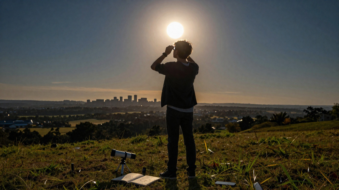 Pessoa observando o pôr do sol no campo, com livro e telescópio ao chão e cidade ao fundo.