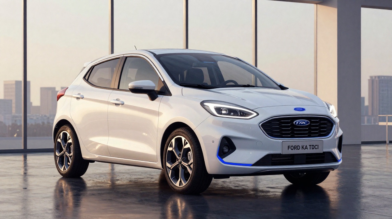 Carro branco Ford Ka TDCi estacionado em piso brilhante, cenário urbano ao fundo com prédios e janelas grandes.