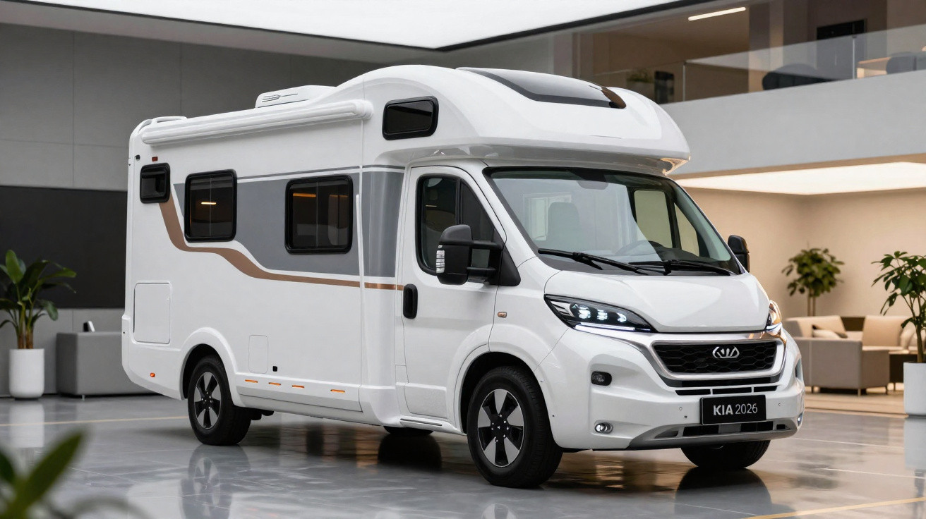 Motorhome branco modelo KIA 2026 estacionado em ambiente moderno e iluminado.