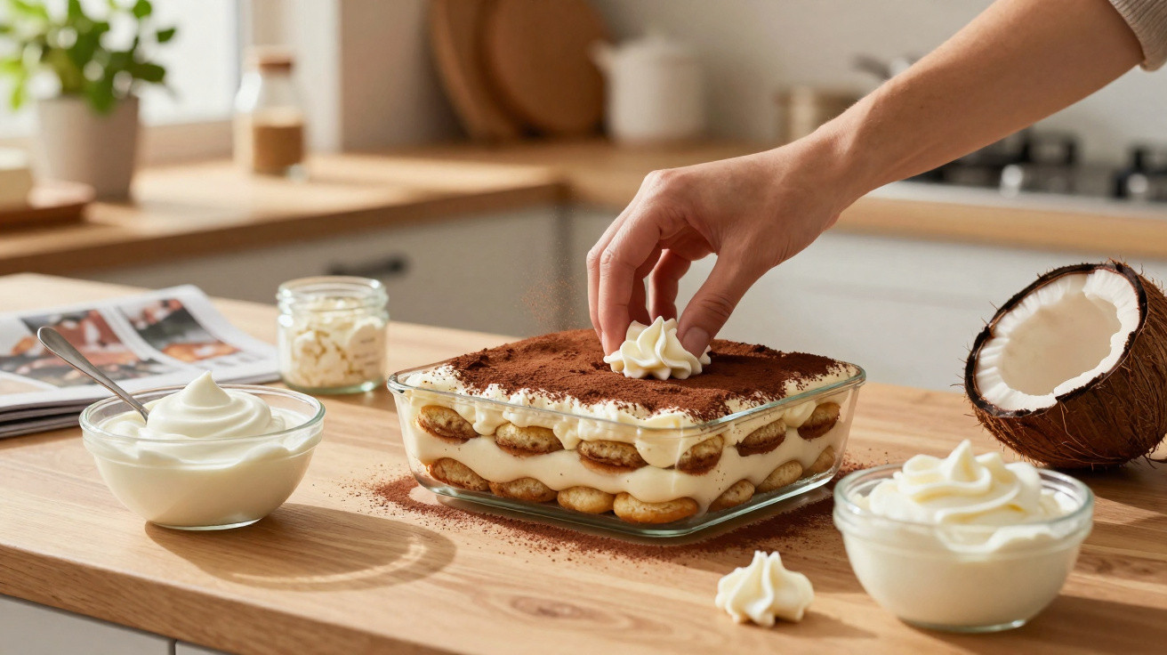 Pessoa decorando sobremesa de tiramisu com creme em vidro sobre bancada de madeira na cozinha.