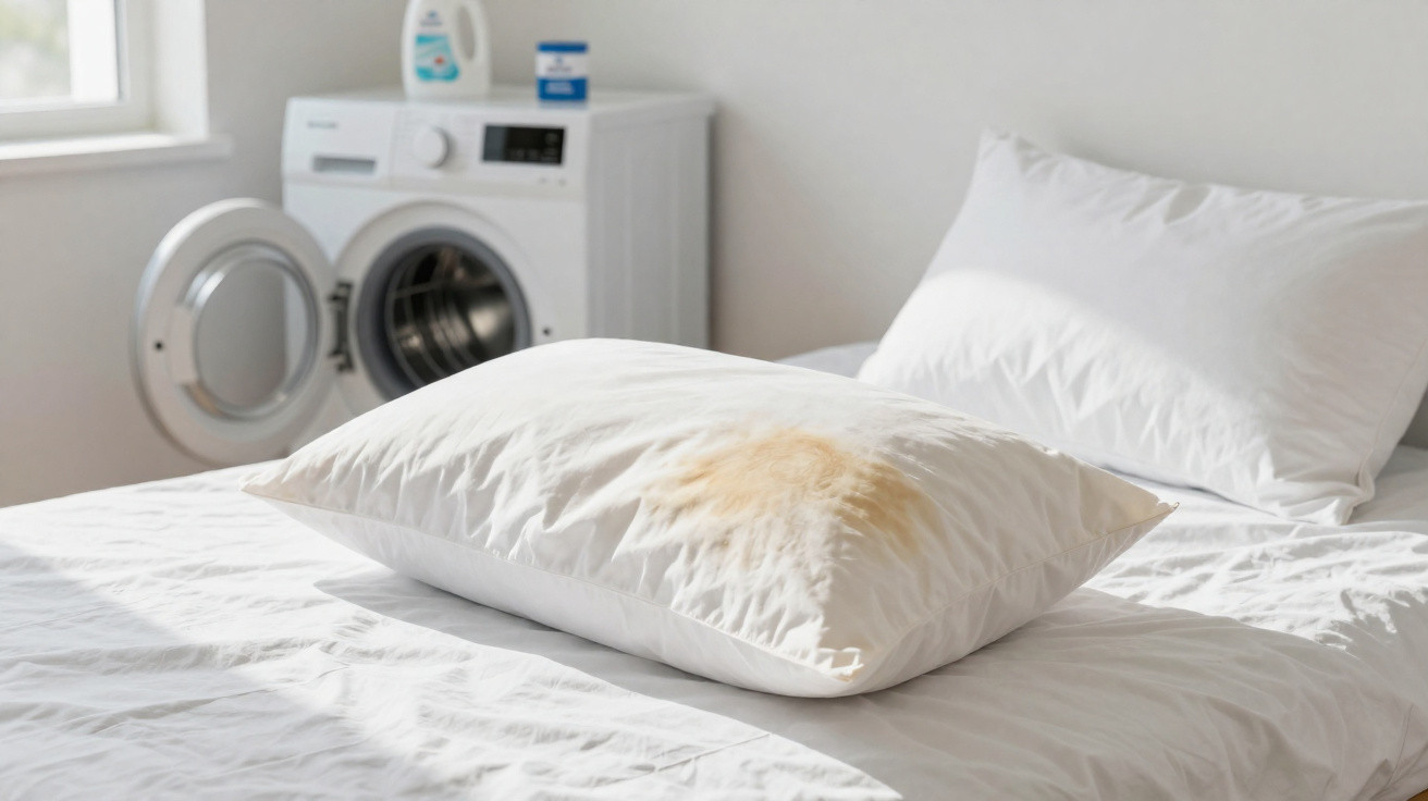 Travesseiro branco com mancha amarelada em cima de cama branca, perto de lavadora de roupas aberta.