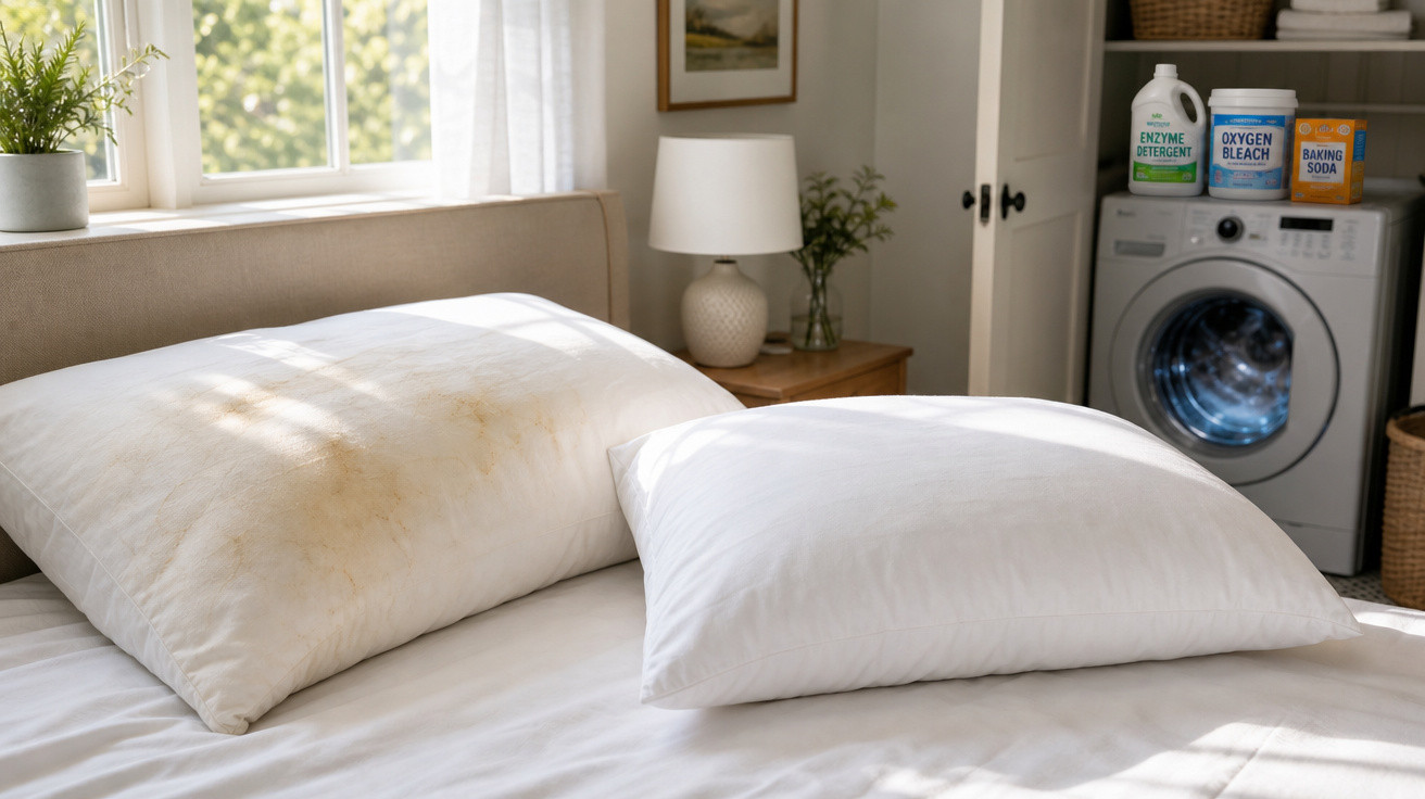 Dois travesseiros sobre cama, um com manchas amareladas e outro branco, em quarto iluminado por janela.