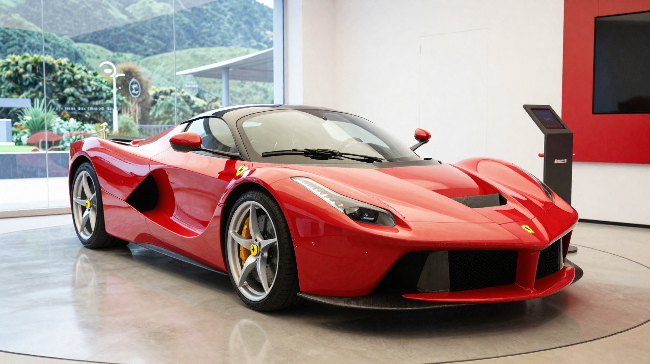 Carro esportivo vermelho Ferrari LaFerrari estacionado em showroom moderno com paredes de vidro.