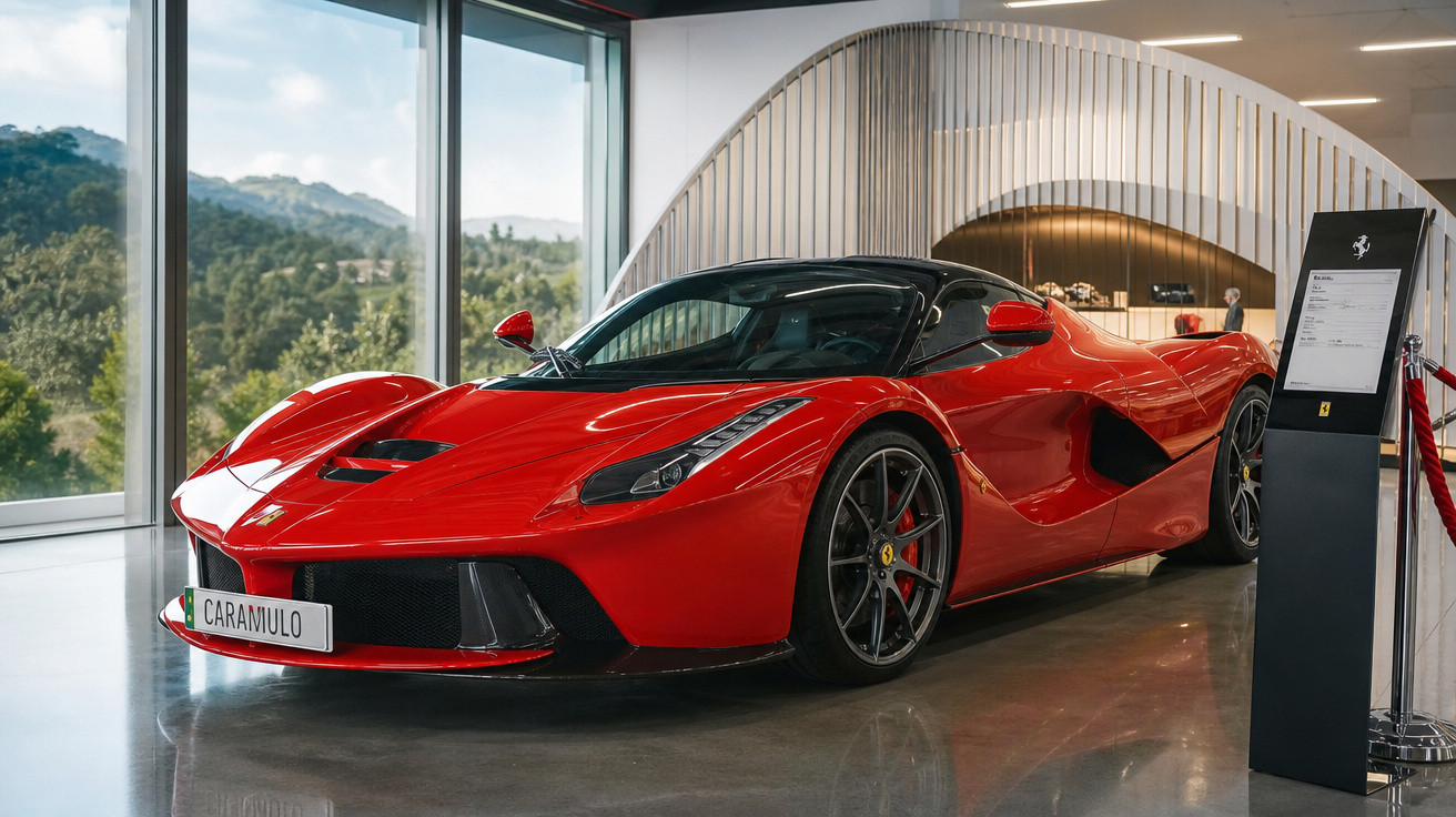Carro esportivo vermelho Ferrari LaFerrari em exposição com janela grande e montanhas ao fundo.