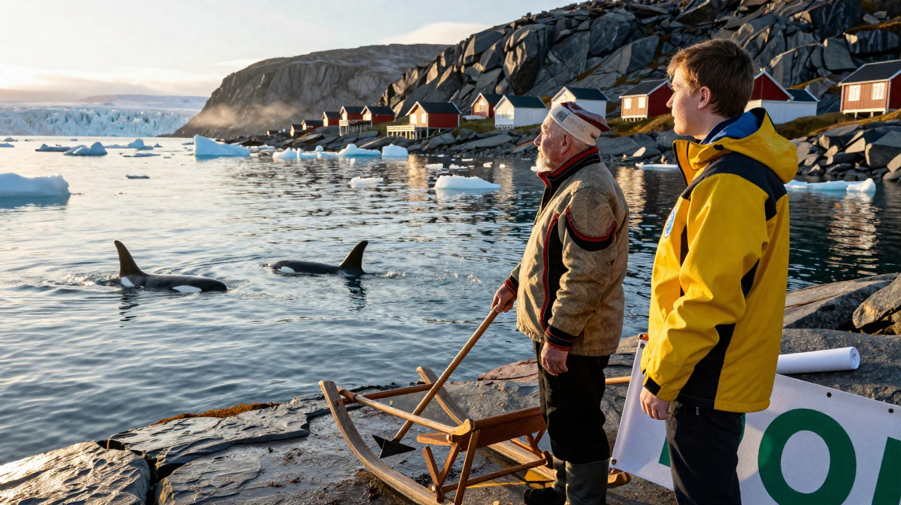 Dois homens observam orcas nadando perto da costa com casas vermelhas e geleiras ao fundo.