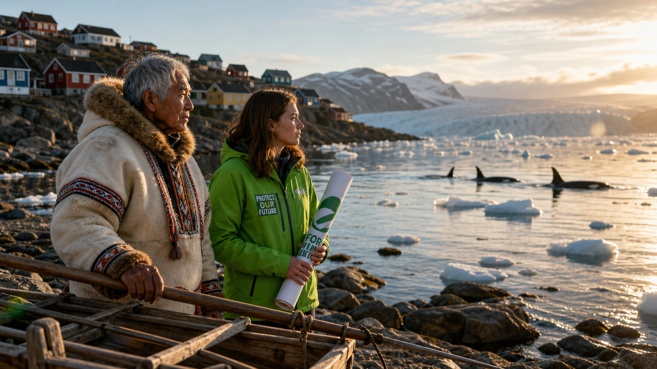 Homem inuit e mulher com jaqueta verde observam orcas e icebergues em costa rochosa com casas ao fundo.