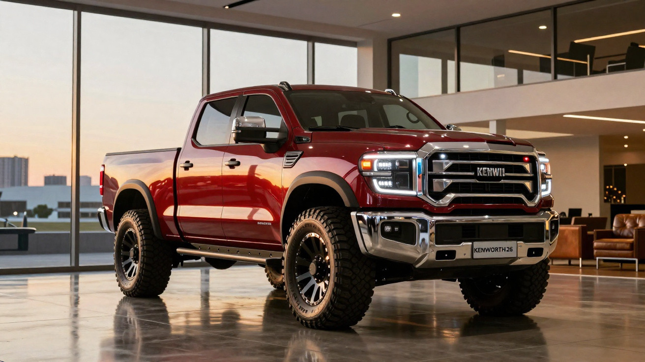 Picape vermelha robusta Kenworth 2023 em showroom moderno com grandes janelas ao fundo.