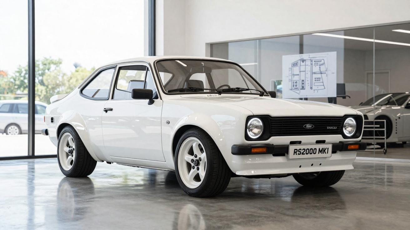 Carro clássico Ford RS2000 MK1 branco estacionado em ambiente interno com piso refletivo.
