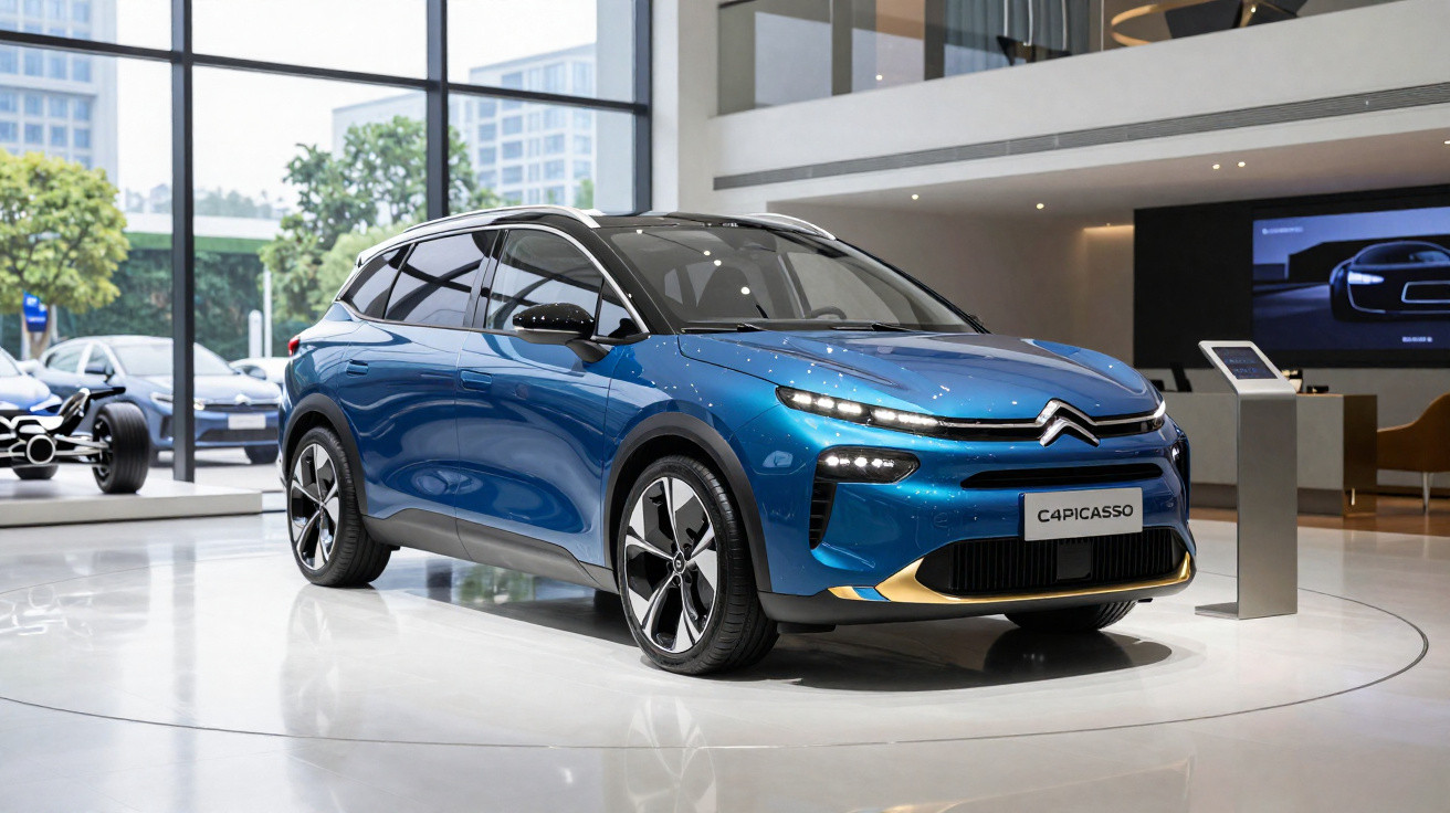 Carro elétrico Citroën C4 Picasso azul exposto em showroom moderno e iluminado.