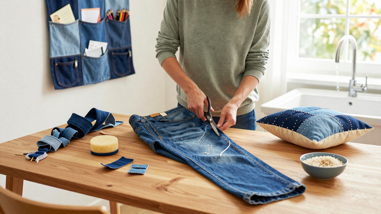 Pessoa cortando calça jeans na mesa, com outros retalhos de tecido azul e almofada ao fundo.