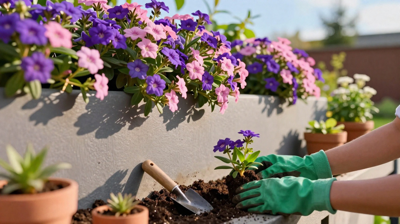 Pessoa com luvas verdes plantando flor roxa em jardim com flores rosas e roxas em vaso cinza.