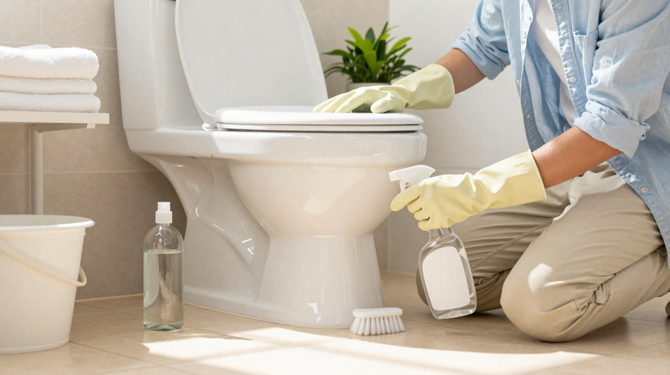 Pessoa de luvas amarelas limpando vaso sanitário branco em banheiro claro com produtos de limpeza.
