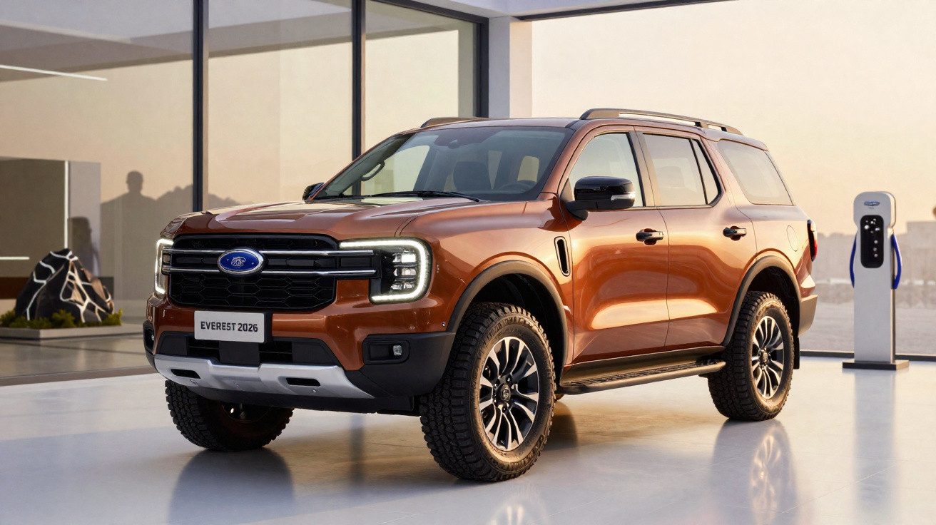 SUV Ford Everest 2026 em tom marrom estacionado ao lado de carregador elétrico em ambiente moderno.