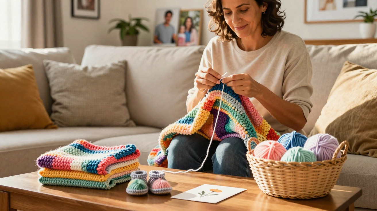 Mulher sorrindo enquanto faz crochê com lã colorida sentada em sofá com cesta de novelos.