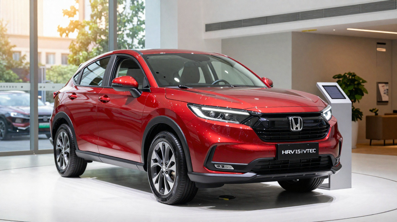 Carro SUV Honda HR-V 1.5 i-VTEC vermelho em exposição em ambiente interno bem iluminado.