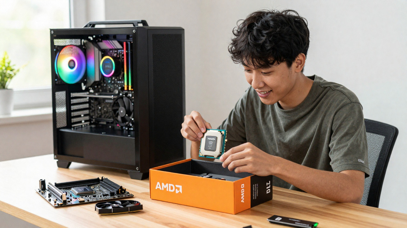 Jovem monta PC com peça AMD na mão, caixa laranja e gabinete aberto com iluminação RGB.