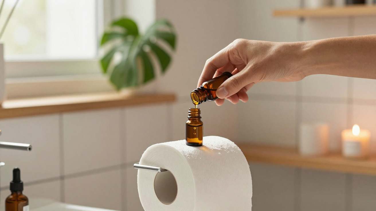 Mão pingando óleo essencial em papel higiênico em suporte em banheiro com vela acesa e planta ao fundo.
