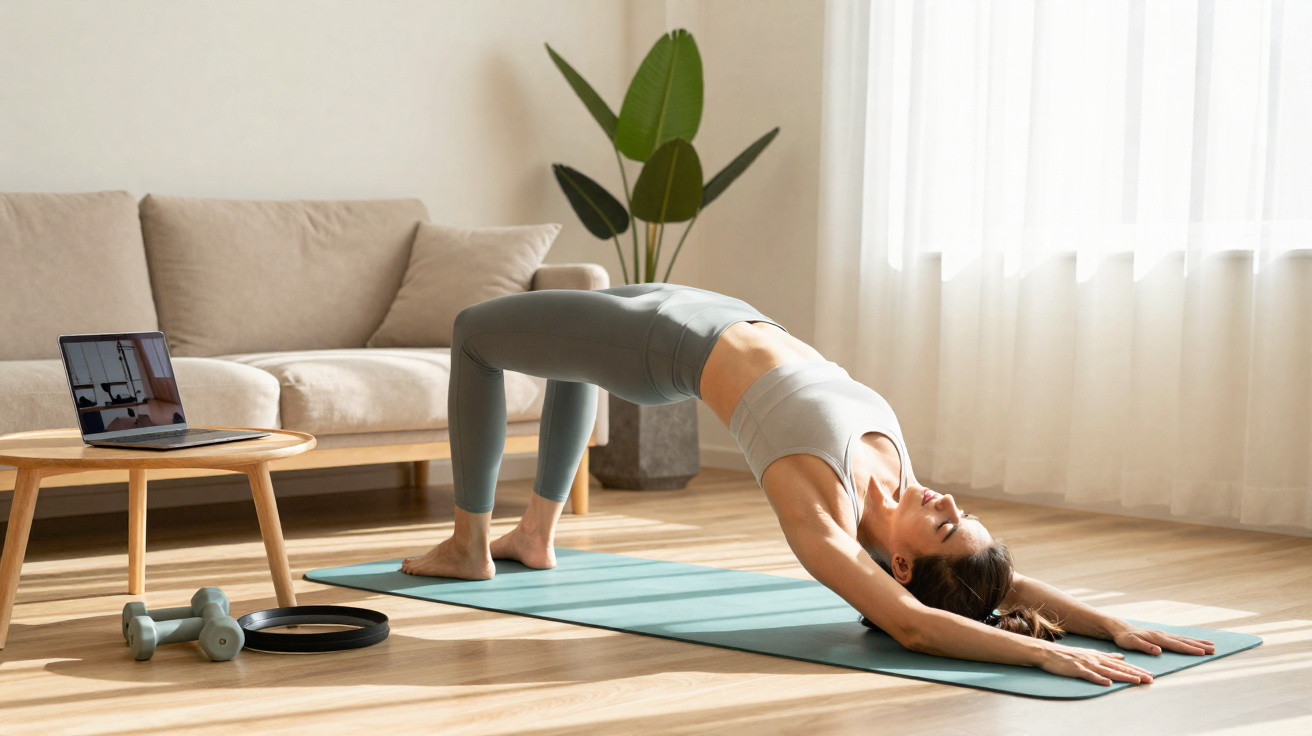 Mulher fazendo exercício de ponte com apoio dos pés e mãos em tapete de yoga em sala iluminada.